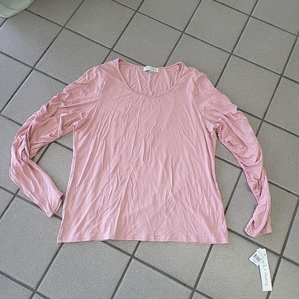 NWT Women's Size XL Jack + Avery Pink Ruched Sleeve Blouse 95% Rayon 5% Spandex